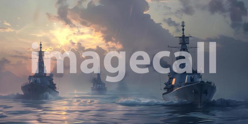 Naval Fleet in Sunset Ocean Background, Military Warships on Sea at Dusk Background - Ai Generated