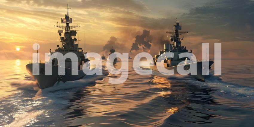 Naval Fleet in Sunset Ocean Background, Military Warships on Sea at Dusk Background - Ai Generated