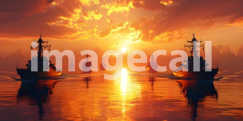 Naval Fleet in Sunset Ocean Background, Military Warships on Sea at Dusk Background - Ai Generated