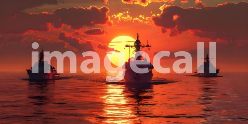 Naval Fleet in Sunset Ocean Background, Military Warships on Sea at Dusk Background - Ai Generated