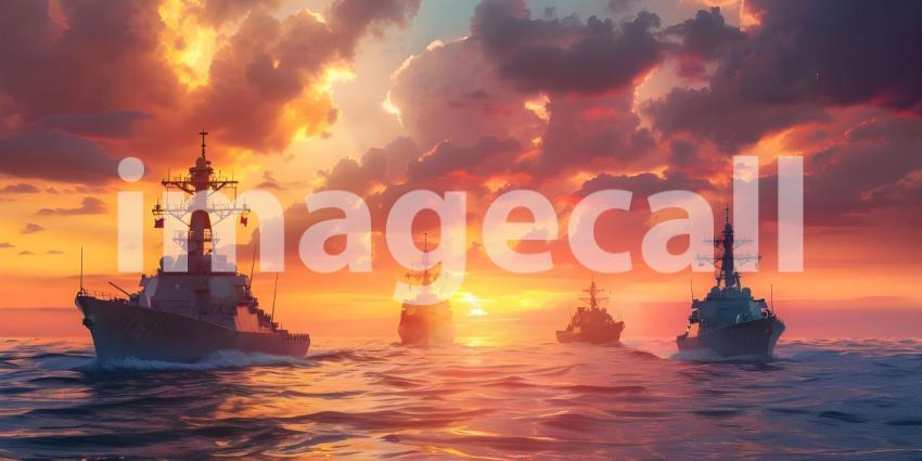 Naval Fleet in Sunset Ocean Background, Military Warships on Sea at Dusk Background - Ai Generated