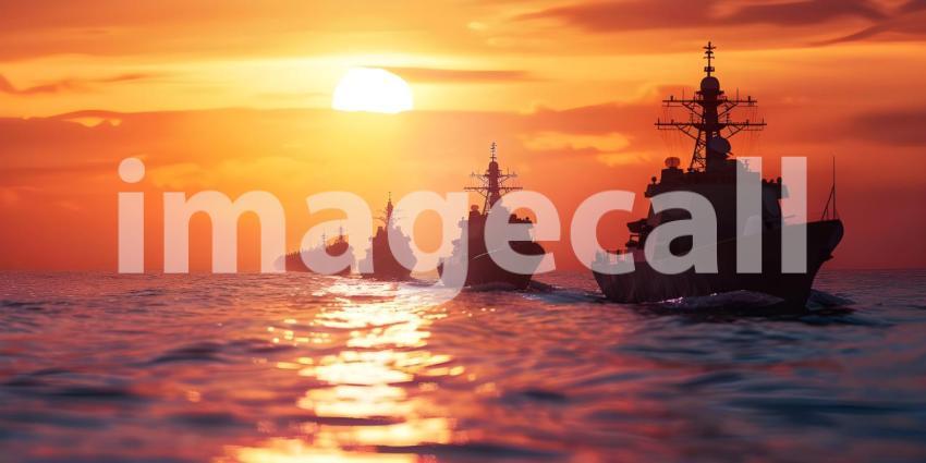 Naval Fleet in Sunset Ocean Background, Military Warships on Sea at Dusk Background - Ai Generated