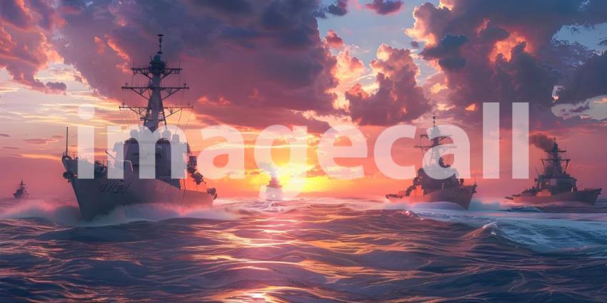 Naval Fleet in Sunset Ocean Background, Military Warships on Sea at Dusk Background - Ai Generated