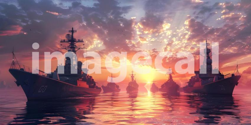 Naval Fleet in Sunset Ocean Background, Military Warships on Sea at Dusk Background - Ai Generated