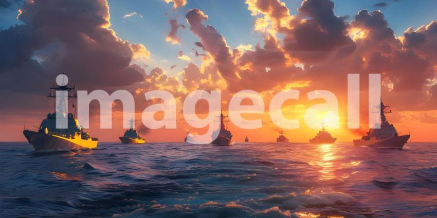 Naval Fleet in Sunset Ocean Background, Military Warships on Sea at Dusk Background - Ai Generated