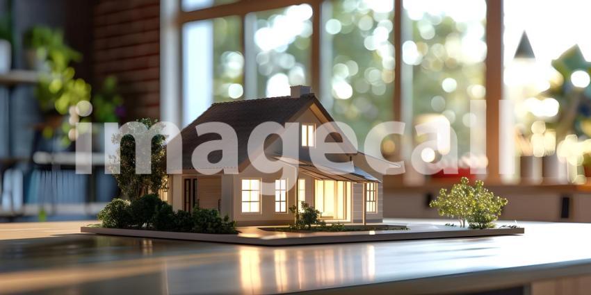 Miniature Houses on Table Background, Tabletop Model with Houses - Ai Generated