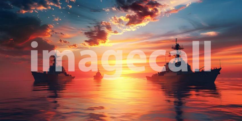 Naval Fleet in Sunset Ocean Background, Military Warships on Sea at Dusk Background - Ai Generated
