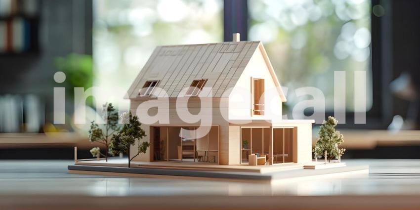 Miniature Houses on Table Background, Tabletop Model with Houses - Ai Generated