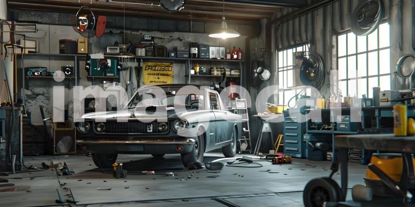 Repair Service Background: Car Parked in Garage, Car Repair Workshop: Vehicle Parked in Garage Background - Ai Generated