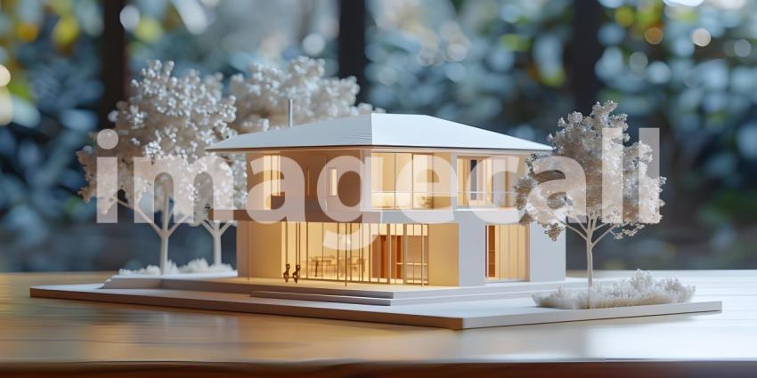 Miniature Houses on Table Background, Tabletop Model with Houses - Ai Generated