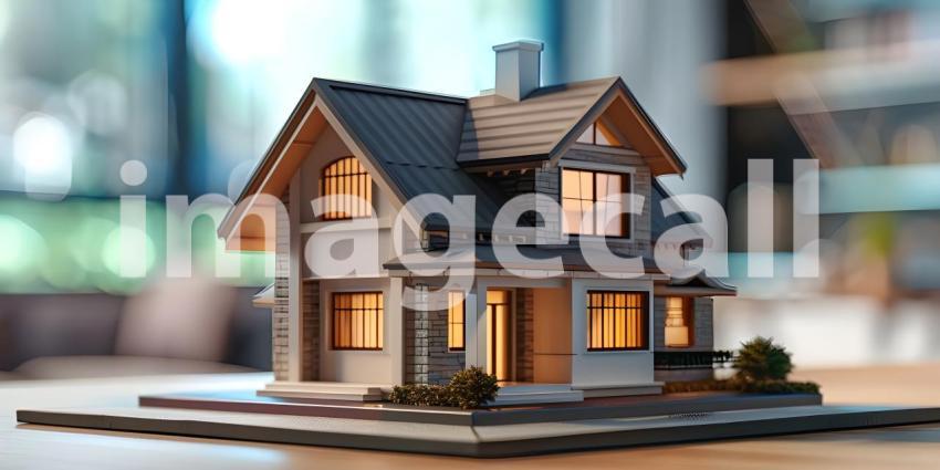 Miniature Houses on Table Background, Tabletop Model with Houses - Ai Generated