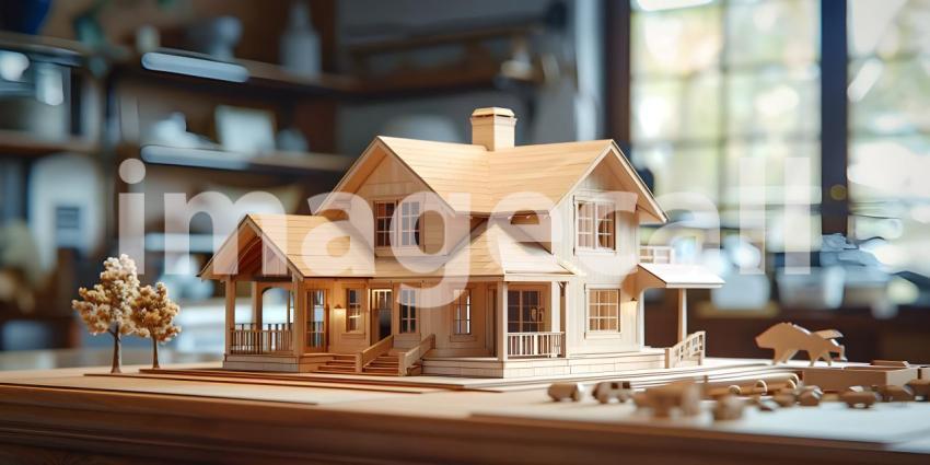 Miniature Houses on Table Background, Tabletop Model with Houses - Ai Generated
