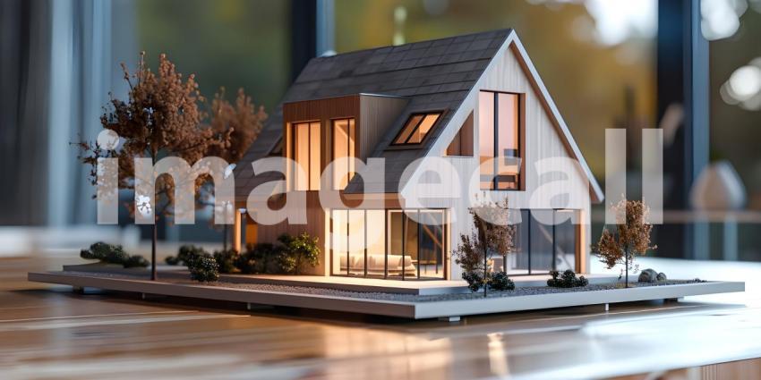 Miniature Houses on Table Background, Tabletop Model with Houses - Ai Generated