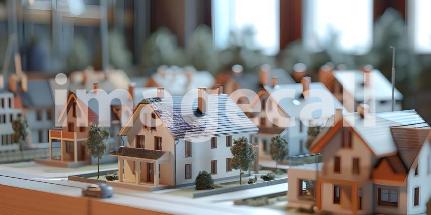 Miniature Houses on Table Background, Tabletop Model with Houses - Ai Generated