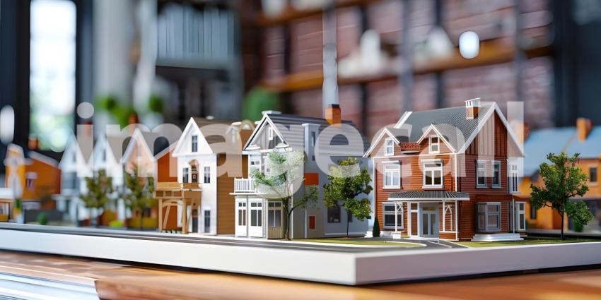 Miniature Houses on Table Background, Tabletop Model with Houses - Ai Generated