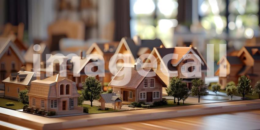 Miniature Houses on Table Background, Tabletop Model with Houses - Ai Generated