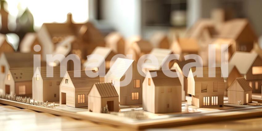 Miniature Houses on Table Background, Tabletop Model with Houses - Ai Generated