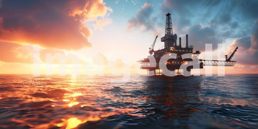 Offshore oil rig drilling platform at sunset Oil and gas platforms north sea background - Ai Generated