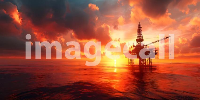 Offshore oil rig drilling platform at sunset Oil and gas platforms north sea background - Ai Generated