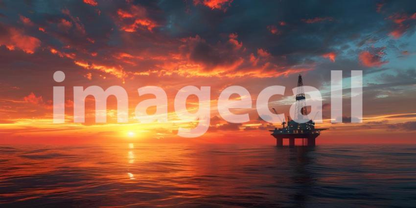 Offshore oil rig drilling platform at sunset Oil and gas platforms north sea background - Ai Generated