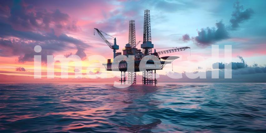 Offshore oil rig drilling platform at sunset Oil and gas platforms north sea background - Ai Generated