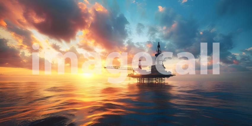 Offshore oil rig drilling platform at sunset Oil and gas platforms north sea background - Ai Generated