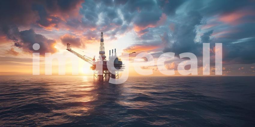 Offshore oil rig drilling platform at sunset Oil and gas platforms north sea background - Ai Generated