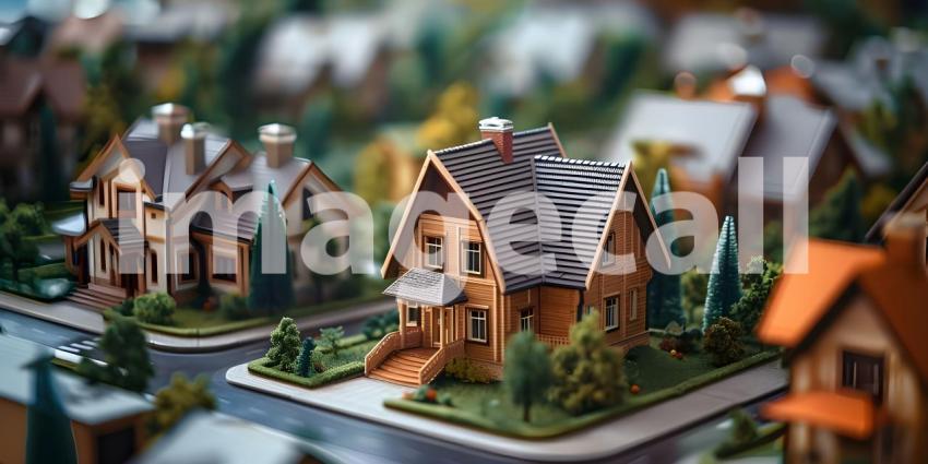 Miniature Houses on Table Background, Tabletop Model with Houses - Ai Generated