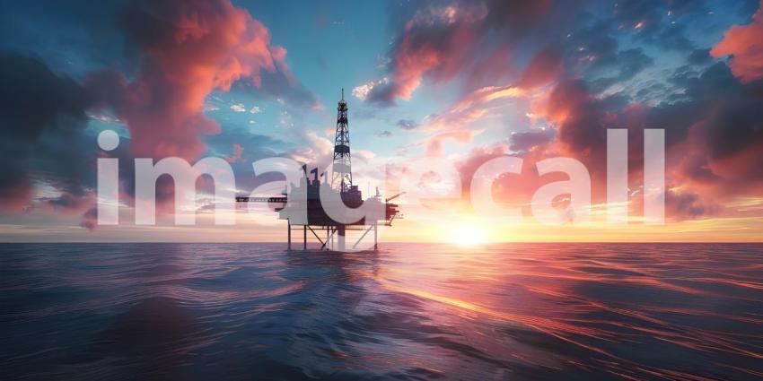 Offshore oil rig drilling platform at sunset Oil and gas platforms north sea background - Ai Generated