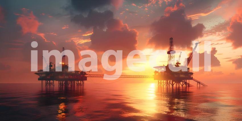 Offshore oil rig drilling platform at sunset Oil and gas platforms north sea background - Ai Generated