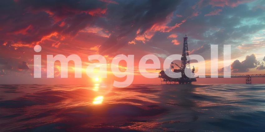 Offshore oil rig drilling platform at sunset Oil and gas platforms north sea background - Ai Generated
