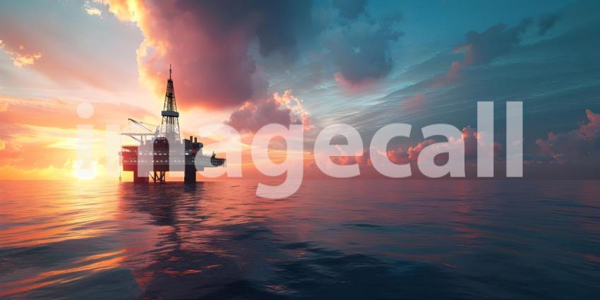 Offshore oil rig drilling platform at sunset Oil and gas platforms north sea background - Ai Generated