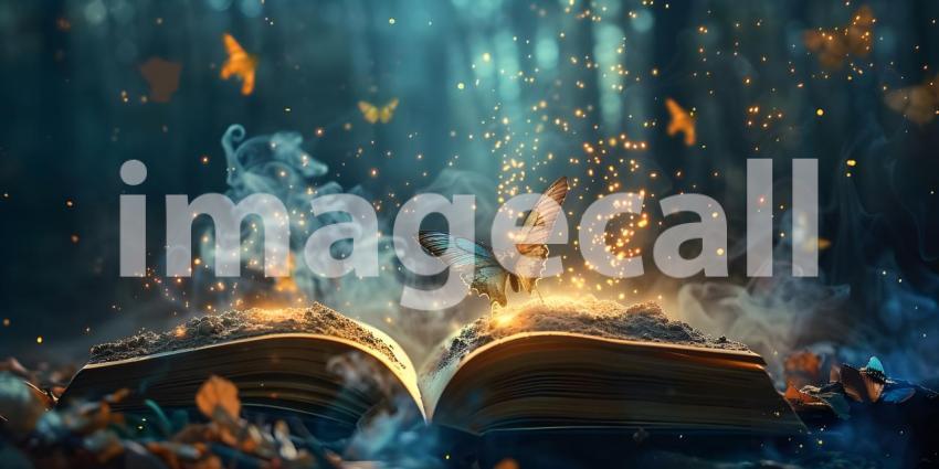 Open magic book with growing lights, magic powder and butterflies background - Ai Generated