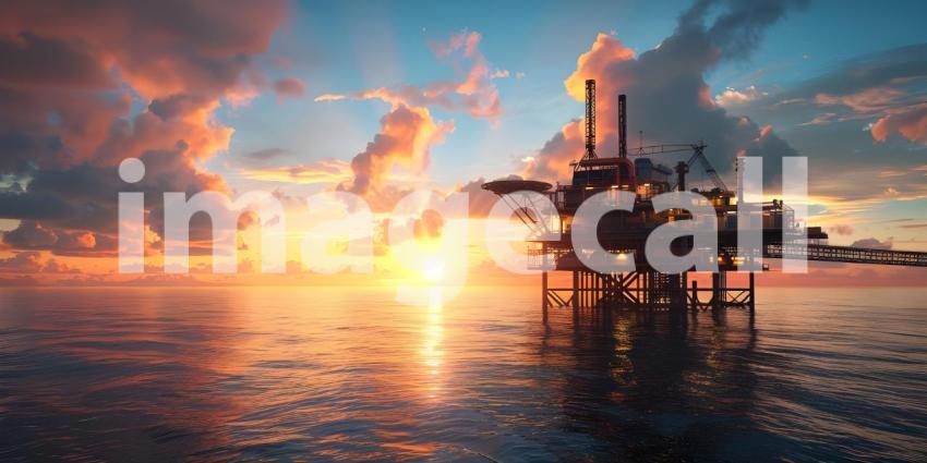 Offshore oil rig drilling platform at sunset Oil and gas platforms north sea background - Ai Generated