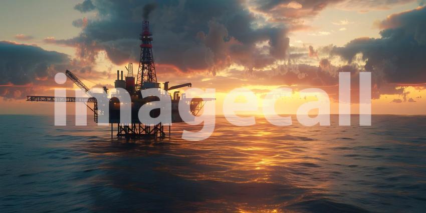 Offshore oil rig drilling platform at sunset Oil and gas platforms north sea background - Ai Generated