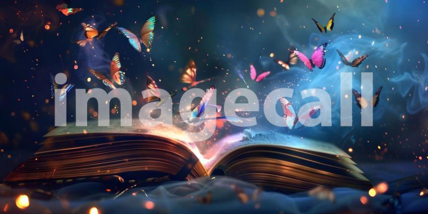 Open magic book with growing lights, magic powder and butterflies background - Ai Generated