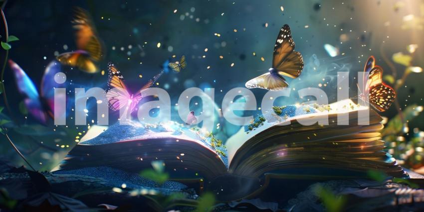 Open magic book with growing lights, magic powder and butterflies background - Ai Generated