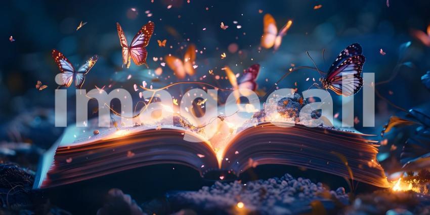 Open magic book with growing lights, magic powder and butterflies background - Ai Generated