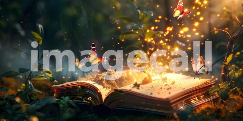 Open magic book with growing lights, magic powder and butterflies background - Ai Generated