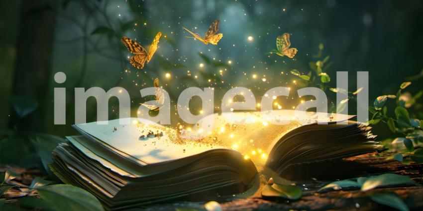 Open magic book with growing lights, magic powder and butterflies background - Ai Generated