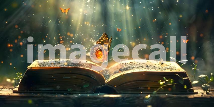 Open magic book with growing lights, magic powder and butterflies background - Ai Generated