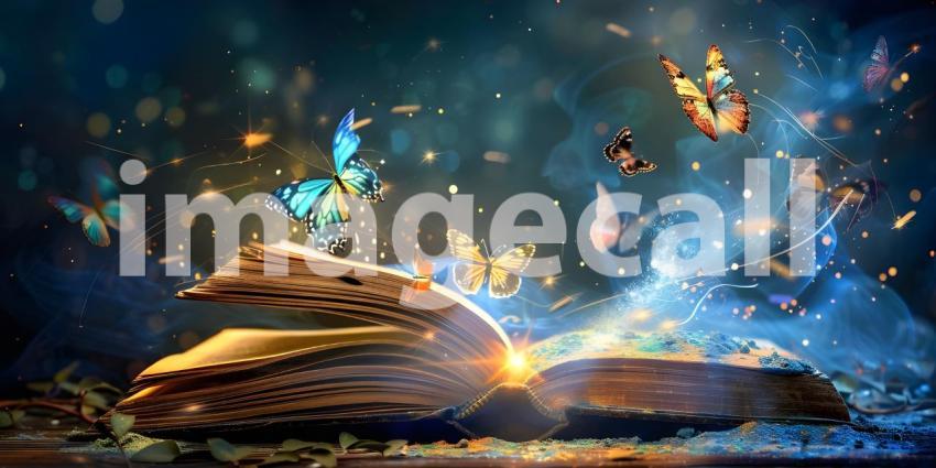 Open magic book with growing lights, magic powder and butterflies background - Ai Generated