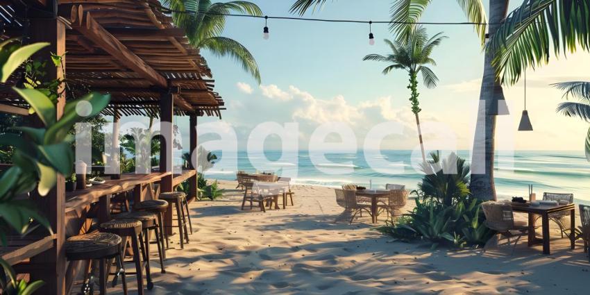 Outdoor restaurant at the beach as Tables at beach restaurant background - Ai Generated