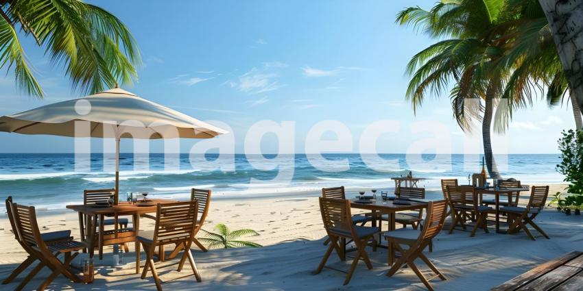 Outdoor restaurant at the beach as Tables at beach restaurant background - Ai Generated
