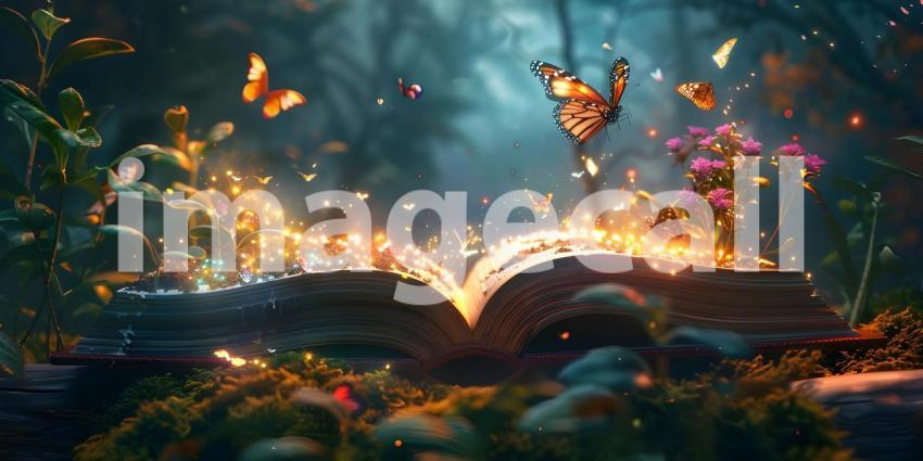 Open magic book with growing lights, magic powder and butterflies background - Ai Generated