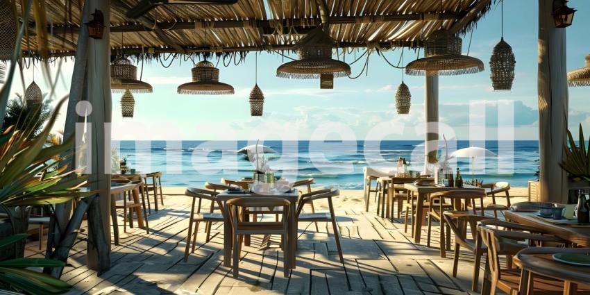 Outdoor restaurant at the beach as Tables at beach restaurant background - Ai Generated