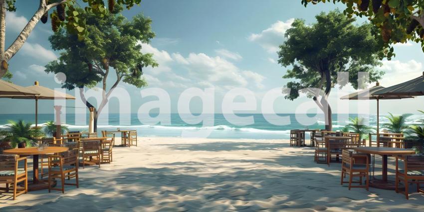 Outdoor restaurant at the beach as Tables at beach restaurant background - Ai Generated