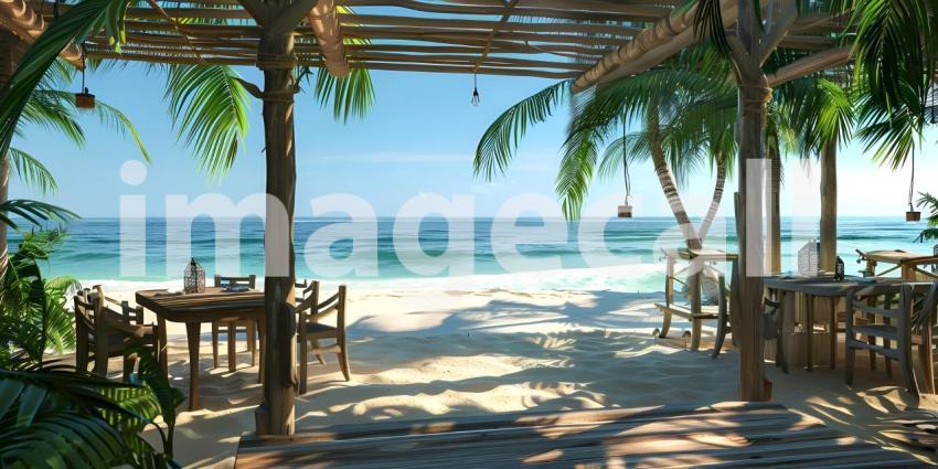 Outdoor restaurant at the beach as Tables at beach restaurant background - Ai Generated