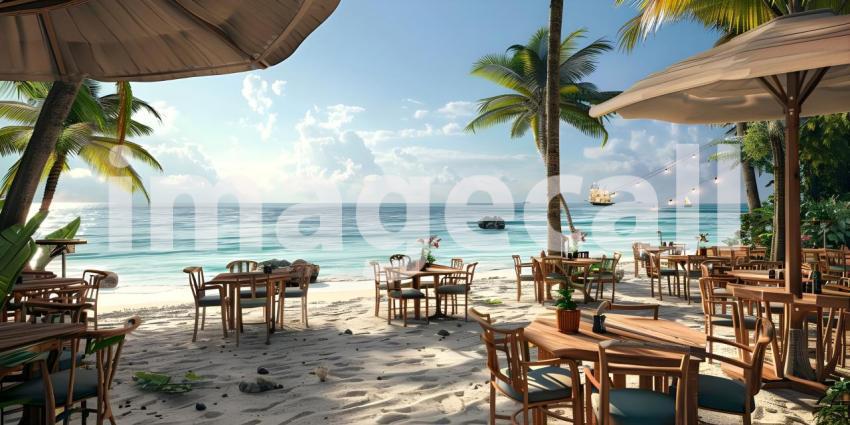 Outdoor restaurant at the beach as Tables at beach restaurant background - Ai Generated