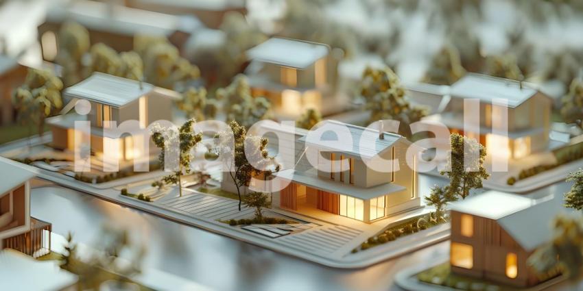 Miniature Houses on Table Background, Tabletop Model with Houses - Ai Generated
